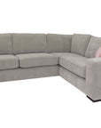 Robin Small Corner Sofa in a warm grey amd pink cushions
