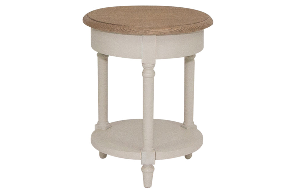 Sarande - Taupe And Oak Solid Wood Round  Lamp Table With Shelf