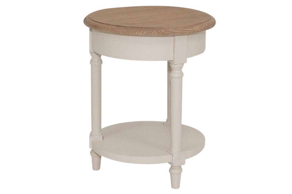 Sarande - Taupe And Oak Solid Wood Round  Lamp Table With Shelf