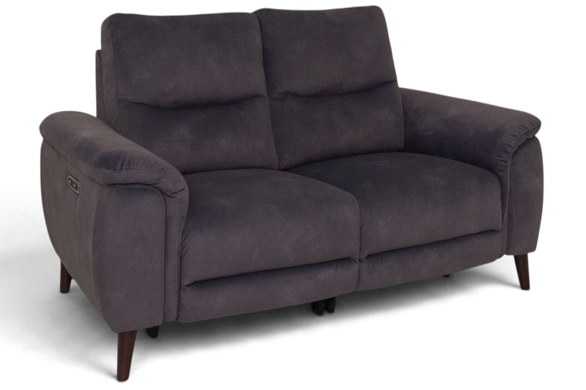A dark gray two-seater loveseat sofa with a textured fabric upholstery and dark wooden legs, shown from a three-quarter angle on a white background.