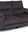 A dark gray two-seater loveseat sofa with a textured fabric upholstery and dark wooden legs, shown from a three-quarter angle on a white background.