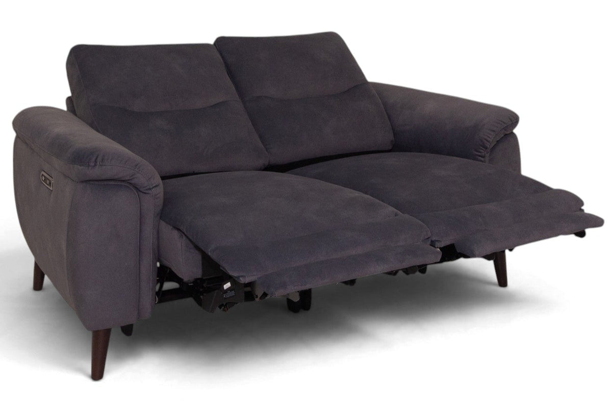 A dark gray reclining loveseat sofa with the seat cushion extended, shown on a plain white background.