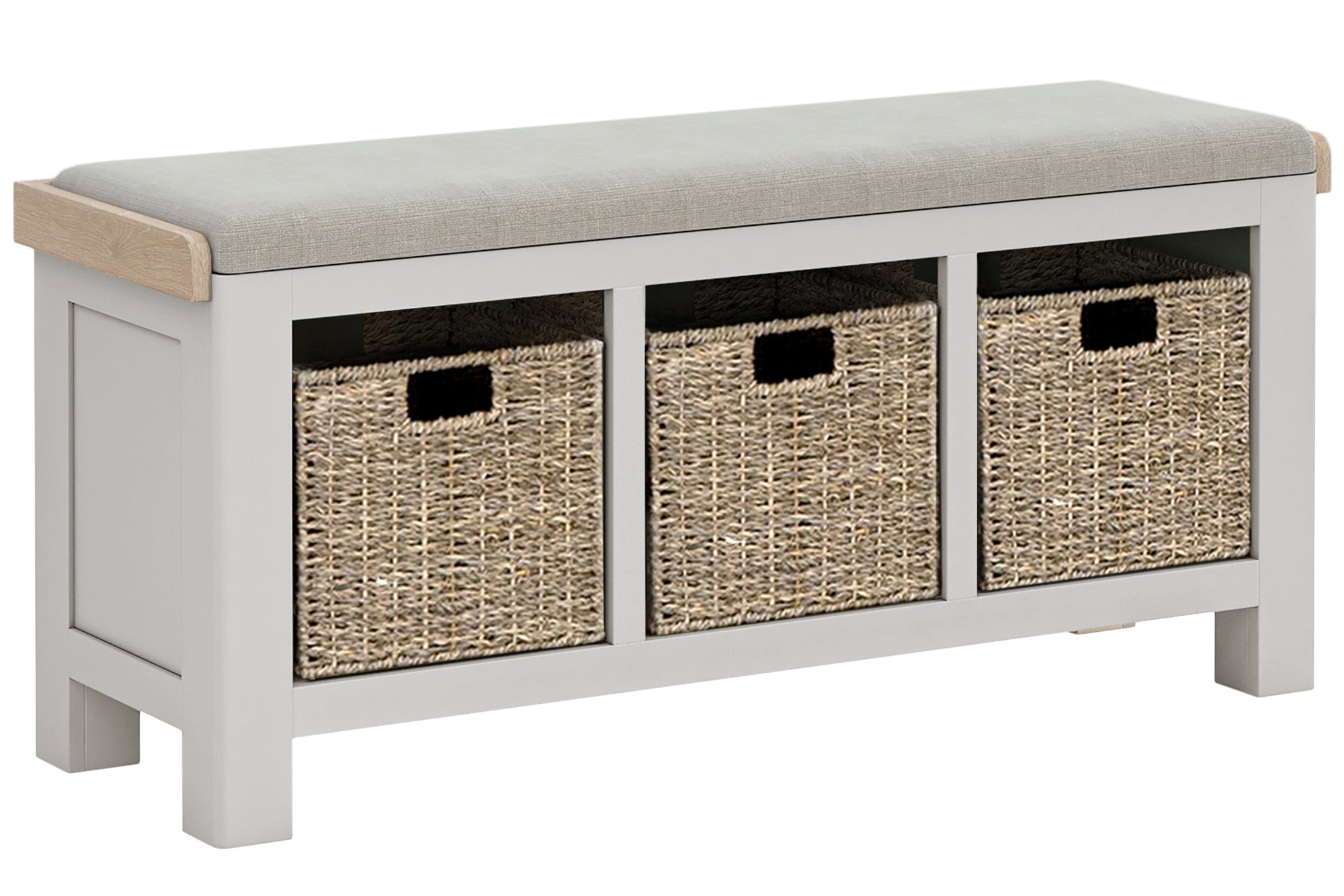 Kilronan Grey and Oak Basket Storage Bench with a beige padded seat