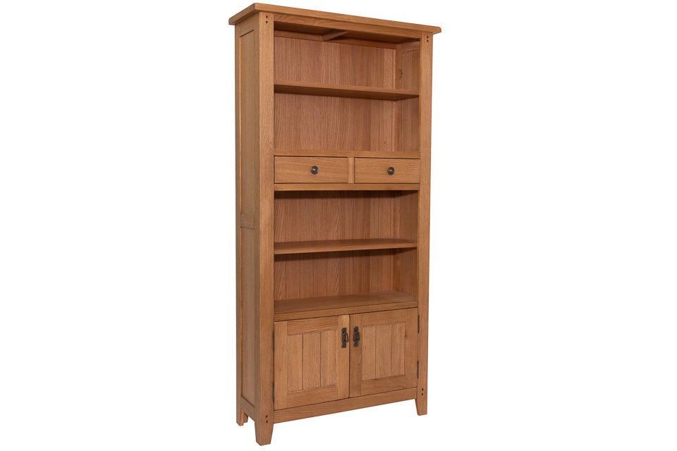 Bray Oak Bookcase with open shelving and hidden storage