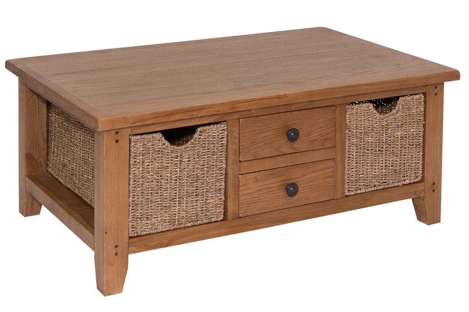 Bray Oak Coffee Table With 2 Baskets and 2 drawers